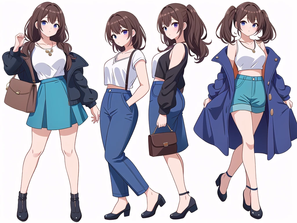 (((Best Quality))) , ((full body)), 4 lady, adult woman, multiple views, (((white background,))) variety of hairstyles, variety of fashion styles, seductive pose, fashionable and trendy atmosphere, holding bag, walk pose, dark blue/dark orange/dark green/dark violet/brown/white, short pants, cropped top,
