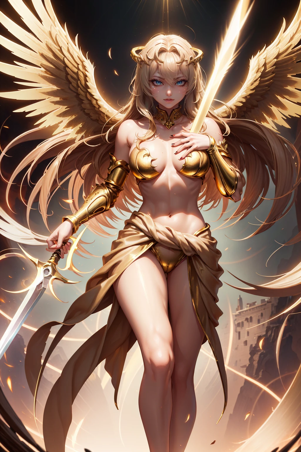golden angel goddess with wings, blondie hair, perfect hands, golden shine, fictional figure body hands on waist, sexy movement pose, swords around the body