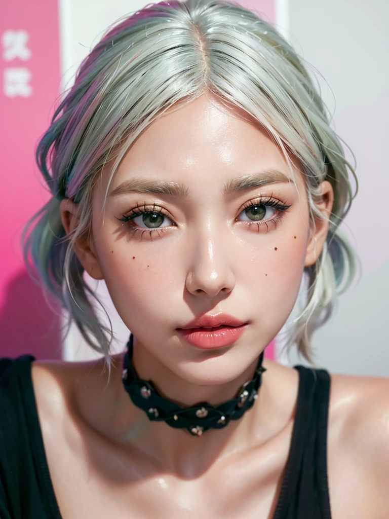 1girl, alone, solitary, high quality, (best quality,4k,8k,highres,masterpiece:1.2),ultra-detailed,(realistic,photorealistic,photo-realistic:1.37),gorgeous hair,white hair,short hair with bangs,sharp eyes,mole under the eye,plump lips,jewelry,(high detailed skin:1.4),(rim lighting:1.3),(lit:1.3),(sunny day:1.3),portrait,beautiful lips,bob haircut,seductive gaze,moles,casual clothes,colorful clothing,close up,bob hair,choker necklace,light eyes,bangs,fringe,dimples on the cheeks,dimples,platinum white hair,whitehair,platinum blonde hair,black,red lips,red lipstick,round lips,round pouty lips,pouty lips,douyin makeup,sparkly makeup,glitter,contact lenses,blue,green,pink,purple,wine red,highlights,braids,colored highlights,braided,pigtails,piercings