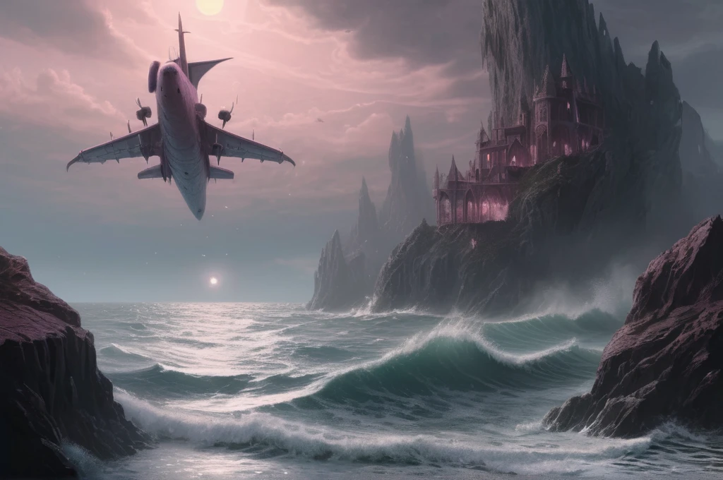 8k, masterpiece, best quality, realistic, higly detailed, landscape, dnd, d&d, dungeons and dragons, dungeons & dragons, rpg, ttrp, Ethereal plane, Misty Shore, Waveless Sea, a plane out of phase, a place of ghosts, rosè