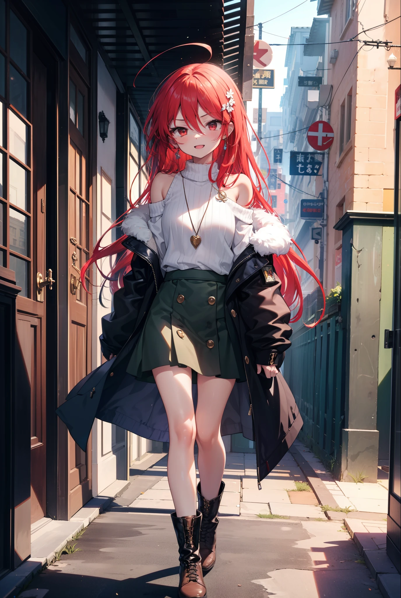 Shana,灼眼のShana,Long Hair, Red Hair, Red eyes,Ahoge,happy smile, smile, Open your mouth,Oversized off-the-shoulder sweater,Bare shoulders,bare clavicle,Bare neck,Locket Necklace,black long skirt,short boots,Daytime,sunny,Walking,whole bodyがイラストに入るように, break outdoors, Building district, break looking at viewer, whole body, break (masterpiece:1.2), Highest quality, High resolution, unity 8k wallpaper, (shape:0.8), (Beautiful attention to detail:1.6), Highly detailed face, Perfect lighting, Highly detailed CG, (Perfect hands, Perfect Anatomy),