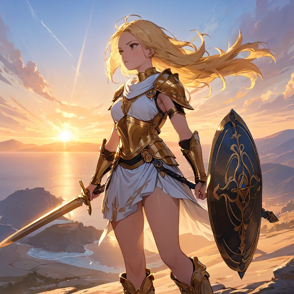 Generates an image of a Greek warrior girl at sunset, showing his entire body from head to toe. The warrior must have wide legs and hips., which gives it a strong and powerful appearance. Must wear golden armor that is not ostentatious., but still impressive and functional. The armor must have an elegant design., inspired by ancient Greece, and it must cover your entire body. The warrior must have two swords in his hands., ready for combat. Her blonde hair must blow in the wind., and she should wear a short white skirt that complements her armor.. The scene should take place at dusk., with warm colors illuminating the sky and clouds. The warrior must be placed in a natural landscape., ready to face any challenge that comes your way NSFW sexy