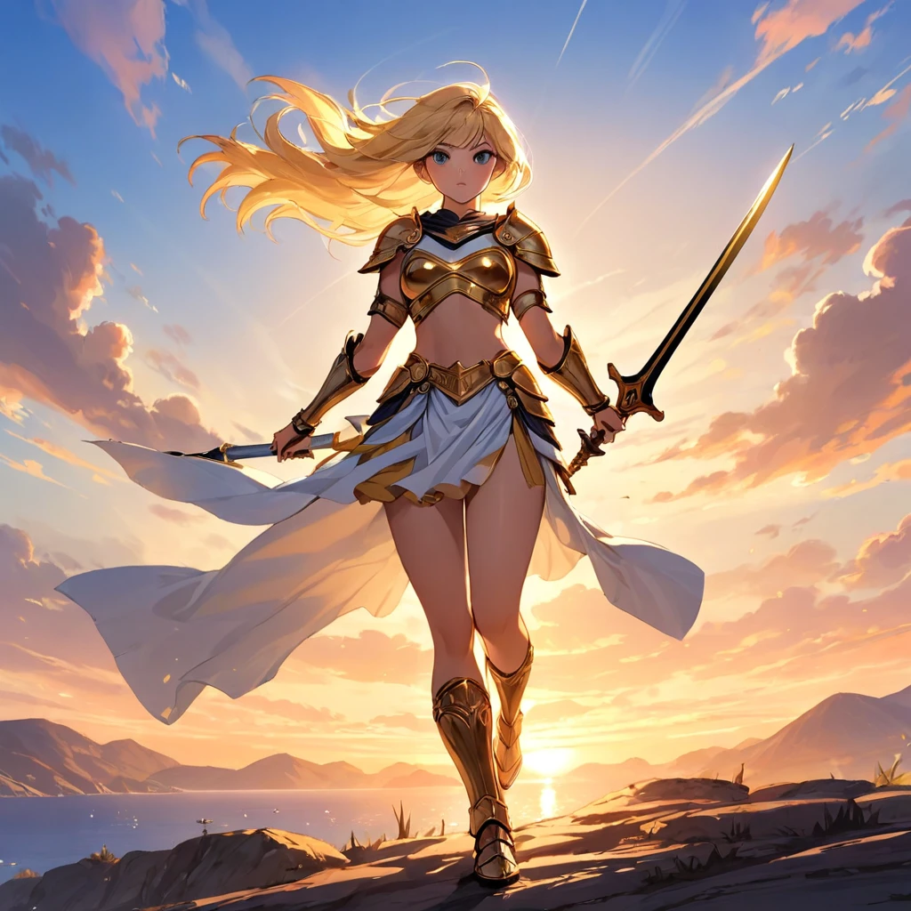 Generates an image of a Greek warrior girl at sunset, showing his entire body from head to toe. The warrior must have wide legs and hips., which gives it a strong and powerful appearance. Must wear golden armor that is not ostentatious., but still impressive and functional. The armor must have an elegant design., inspired by ancient Greece, and it must cover your entire body. The warrior must have two swords in his hands., ready for combat. Her blonde hair must blow in the wind., and she should wear a short white skirt that complements her armor.. The scene should take place at dusk., with warm colors illuminating the sky and clouds. The warrior must be placed in a natural landscape., ready to face any challenge that comes your way NSFW sexy