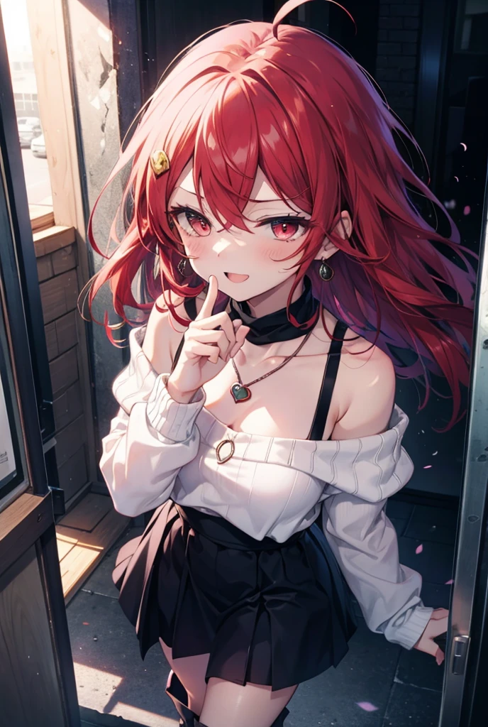 Shana,灼眼のShana,Long Hair, Red Hair, Red eyes,Ahoge,happy smile, smile, Open your mouth,Oversized off-the-shoulder sweater,Bare shoulders,bare clavicle,Bare neck,Locket Necklace,black long skirt,short boots,Daytime,sunny,Walking,whole bodyがイラストに入るように, break outdoors, Building district, break looking at viewer, whole body, break (masterpiece:1.2), Highest quality, High resolution, unity 8k wallpaper, (shape:0.8), (Beautiful attention to detail:1.6), Highly detailed face, Perfect lighting, Highly detailed CG, (Perfect hands, Perfect Anatomy),