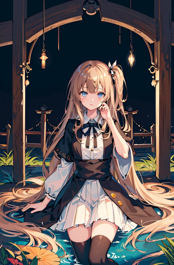 1girl,  solo, outdoors, long hair, holy place, Original,(Illustration:1.1),(Best Quality),(masutepiece:1.1),(the Extremely Detailed CG Unity 8K Wallpapers:1.1), (Colorful:0.9),(mid-shot:0.95),(extremely detailed beautiful face),(Solo:1.2), (girl),(((Lori))), (Detailed beautiful eyes:1.15), (Beautiful face:1.15), (Glowing blue eyes:1.25////),(((Brown Long Hair))),(two side up),(+perfect hand+:1.21),(Draw illustration of Japan priestess costume),(slender),(White pleated skirt),(Gothic),((black thighhighs)),(frilld),(Beautiful Slender Lolita Girl),hallowween,standing, girl,10 years old,  girl,underground waterway,((dark place)),((dark place)),((dark place)),((dark place)),((japanese temple background)),