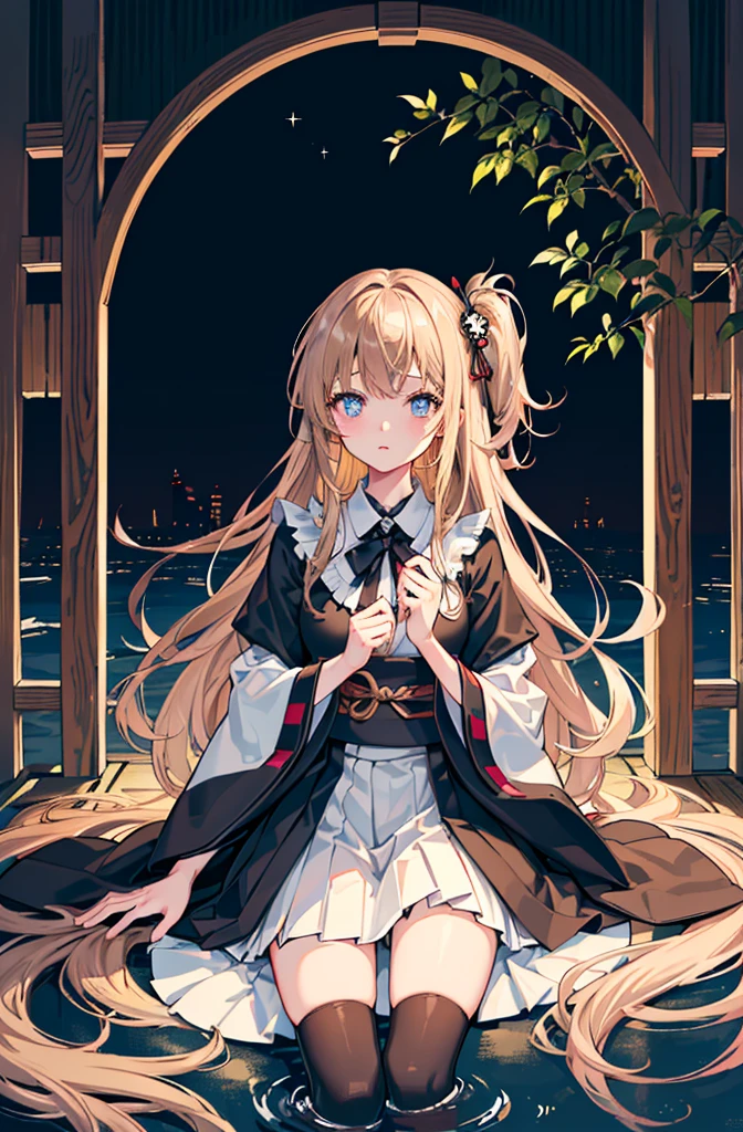 1girl, solo, outdoors, long hair, holy place, Original,(Illustration:1.1),(Best Quality),(masutepiece:1.1),(the Extremely Detailed CG Unity 8K Wallpapers:1.1), (Colorful:0.9),(mid-shot:0.95),(extremely detailed beautiful face),(Solo:1.2), (girl),(((Lori))), (Detailed beautiful eyes:1.15), (Beautiful face:1.15), (Glowing blue eyes:1.25////),(((Brown Long Hair))),(two side up),(+perfect hand+:1.21),(Draw illustration of Japan priestess costume),(slender),(White pleated skirt),(Gothic),((black thighhighs)),(frilld),(Beautiful Slender Lolita Girl),hallowween,standing, girl,10 years old, girl,underground waterway,((dark place)),((dark place)),((dark place)),((dark place)),((japanese temple background)),
