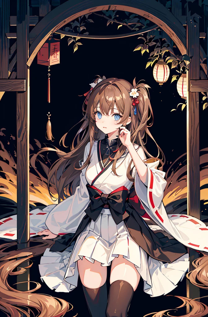 1girl, solo, outdoors, long hair, holy place, Original,(Illustration:1.1),(Best Quality),(masutepiece:1.1),(the Extremely Detailed CG Unity 8K Wallpapers:1.1), (Colorful:0.9),(mid-shot:0.95),(extremely detailed beautiful face),(Solo:1.2), (girl),(((Lori))), (Detailed beautiful eyes:1.15), (Beautiful face:1.15), (Glowing blue eyes:1.25////),(((Brown Long Hair))),(two side up),(+perfect hand+:1.21),(Draw illustration of Japan priestess costume),(slender),(White pleated skirt),(Gothic),((black thighhighs)),(frilld),(Beautiful Slender ta Girl),hallowween,standing, girl,10 yirl,underground waterway,((dark place)),((dark place)),((dark place)),((dark place)),((japanese temple background)),