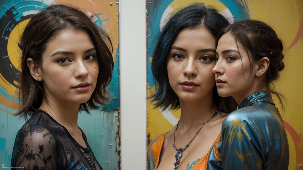 "A striking and vibrant collage of pop art, Marylin Diptych, , blending elements of Sarah Creswell's sumi-e, Luis Royo's surrealism, Pino Daeni's sensuality, and Enki Bilal's futuristic vision. The piece features a rich palette of deep purple, blue, green, yellow, orange, and red hues, evoking a sense of intense emotion and energy. The composition is a dynamic fusion of various artistic styles, creating a visually arresting and captivating scene."