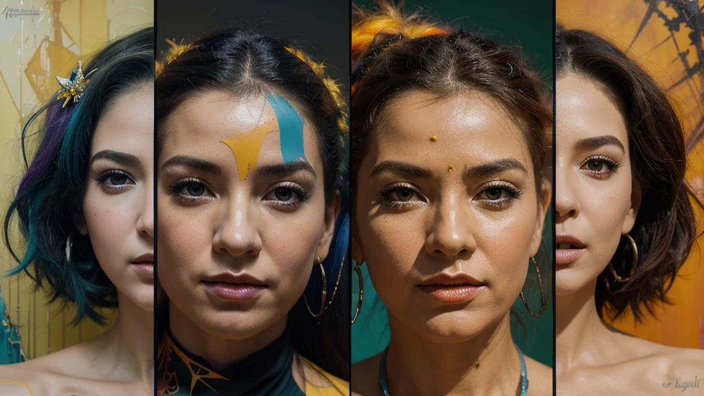 "A striking and vibrant collage of pop art, Marylin Diptych, , blending elements of Sarah Creswell's sumi-e, Luis Royo's surrealism, Pino Daeni's sensuality, and Enki Bilal's futuristic vision. The piece features a rich palette of deep purple, blue, green, yellow, orange, and red hues, evoking a sense of intense emotion and energy. The composition is a dynamic fusion of various artistic styles, creating a visually arresting and captivating scene."
