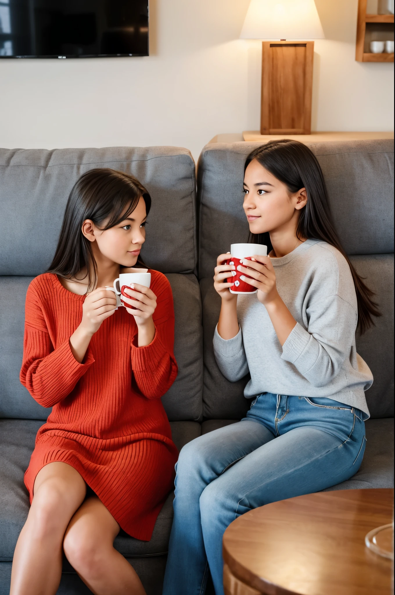 I want an image of two girls that are sitting in front of each other on two different couches and they're discussing. There is a slice of pizza in the hand of one of them and a cup of half tea in the hand of the other one.The one that has a slice of pizza should be stretched on the couch.
