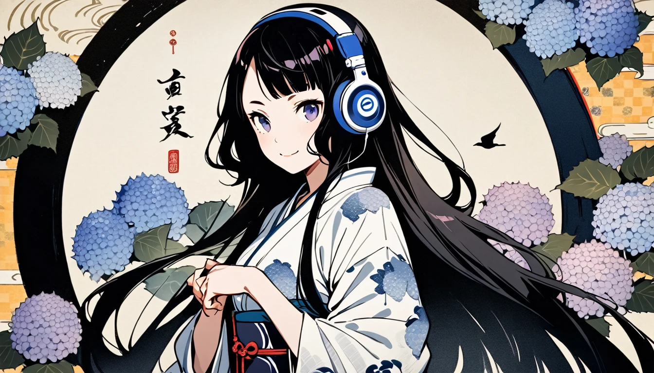 Highest quality, Katsushika Hokusai, Ink Painting, (((very straight longhair))), (((1 girl))), (((A light-colored short yukata))), (((Countless hydrangeas))), ((smile))), Japanese style headphones, beautiful girl, Black Hair, Delicate and precise, Modern ukiyo-e style