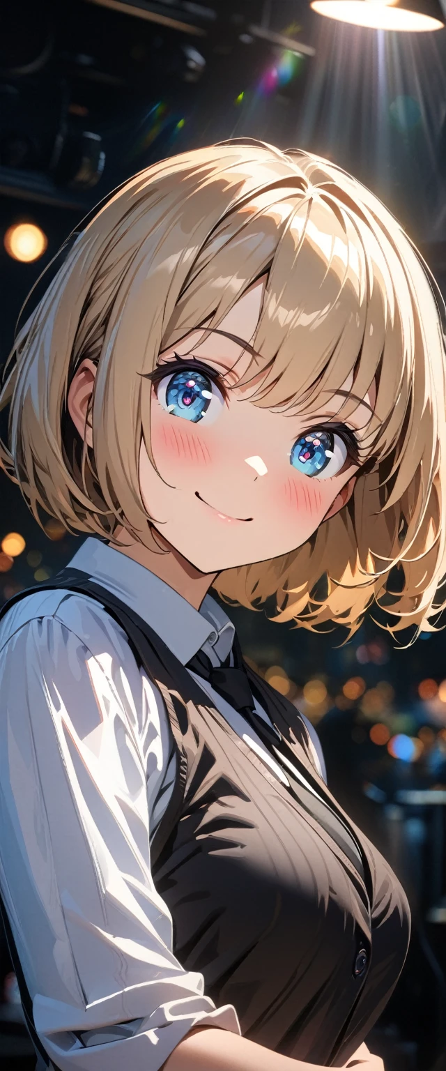 (((One girl))), blond hair, bob cut, (cowboy shot), (looking at viewer), face in focus, teenager, head tilt:1.3, (((blue eye))), ((happy smile)), ((blush)), contrapposto, one hand on hip, school summer uniform, white shirts, ((black tie under the waistcoat)), skirt, black waistcoat, cleavage, anime style, (best quality, 4k, 8k, highres, masterpiece:1.2, ultra-detailed, ultra-detailed eyes, HDR, UHD, studio lighting, ultra-fine painting, sharp focus, physically-based rendering, extreme detail description, professional, vivid colors, bokeh)