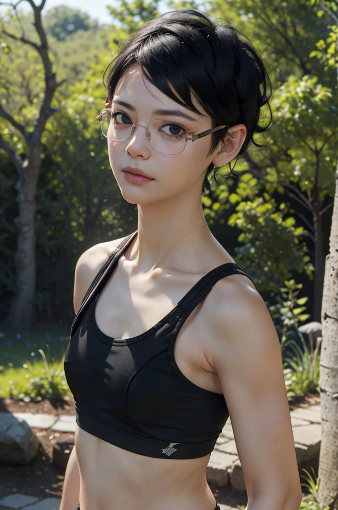 masterpiece, best quality, (realistic,photo-realistic:1.4), (RAW photo:1.2), extremely detailed CG unity 8k wallpaper, delicate and beautiful, amazing,finely detail, official art, absurdres, incredibly absurdres, huge filesize,ultra-detailed,extremely detailed eyes and face,light on face,(little smile),sarada uchiha,(black hair:1.4),(pixie haircut:1.4),potrait,(small breast:1.3),nature background,(garden:1.4),nature background,(potrait :1.4),(wearing sports bra:1.4),(wearing glasses:1.4)
