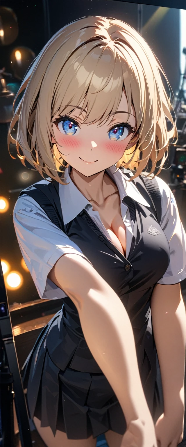 (((One girl))), blond hair, bob cut, from above, (cowboy shot), (looking at viewer), face in focus, breasts, ager, head tilt:1.3, (((blue eye))), ((happy smile)), ((blush)), contrapposto, school summer uniform, white shirts, skirt, black waistcoat, ((cleavage)), anime style, (best quality, 4k, 8k, highres, masterpiece:1.2, ultra-detailed, ultra-detailed eyes, HDR, UHD, studio lighting, ultra-fine painting, sharp focus, physically-based rendering, extreme detail description, professional, vivid colors, bokeh)