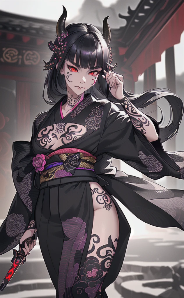 (photorealistic:1.3), masterpiece, best quality, (intricate details:1.2), (scenery:1.3), beautiful face, (black theme:1.3),
(((1girl, a girl in patterned kimono holding a dagger in her hand, (look at veiwer:1.3), (face tattoo:1.2), small oni horn,
))), full body, split in half