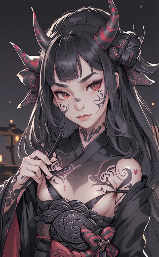 (photorealistic:1.3), masterpiece, best quality, (intricate details:1.2), (scenery:1.3), beautiful face, (black theme:1.3),
(((1girl, a girl in patterned kimono holding a dagger in her hand, (look at veiwer:1.3), (face tattoo:1.2), small oni horn,
))), full body, split in half
