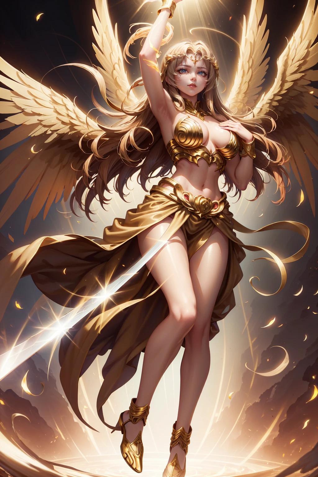 golden angel goddess with wings, blondie hair, perfect hands, golden shine, fictional figure body hands on waist, sexy movement pose, swords around the body