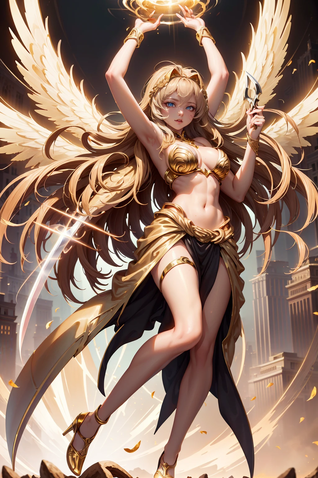 golden angel goddess with wings, blondie hair, perfect hands, golden shine, fictional figure body hands on waist, sexy movement pose, swords around the body