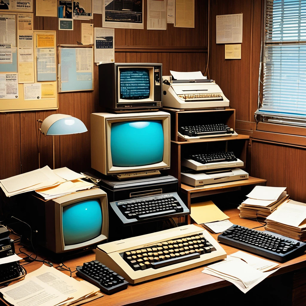 A vintage computer setup from the late 1970s to early 1980s. The scene features an old CRT monitor on a small stand, a classic typewriter-style computer keyboard on the desk, and a dot matrix printer on top of a pile of boxes. The room has a cluttered, nostalgic feel with papers scattered around and a poster on the wall. The lighting is dim, adding to the retro ambiance.