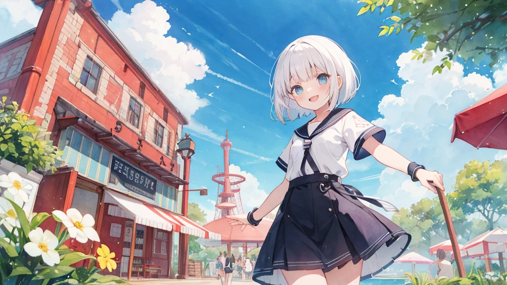 best quality,light smile,bob cut,medium hair,white hair,amusement park,in the noon,sunny,springbackground,anime,watercolor,1girl