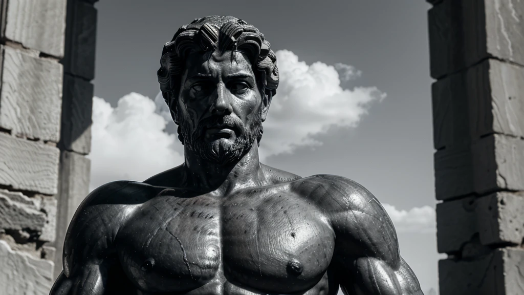 a portrait statue of the stoic Marcus Aurelius in black and white 4K, Super realistic ANCIENT GREEK RUINS, fully body, corpo stark, brawny, stark, wearing no shirt, tronco stark, stark, wearing no shirt, strong arms, 8K, ultra realisitic, cinematographic
