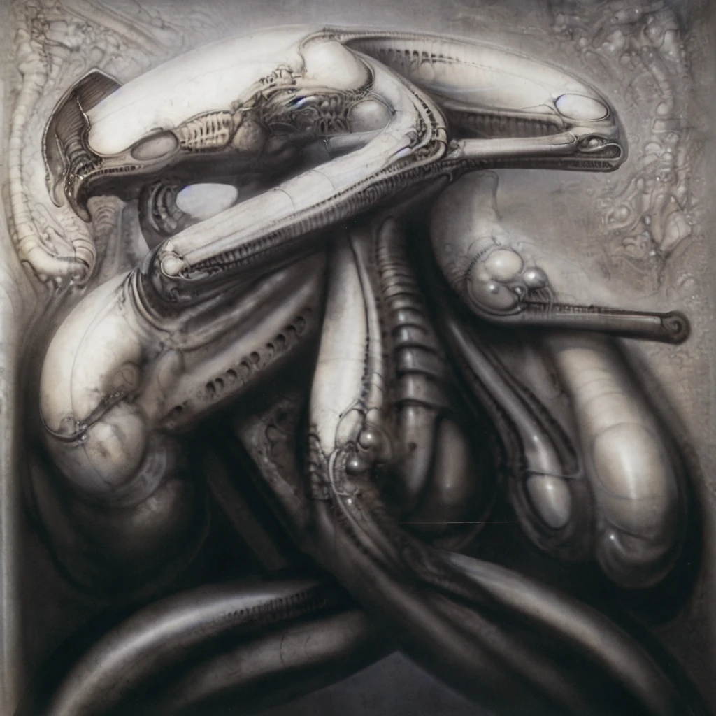 The image is a detailed view of H.R. Giger's Tableau \"NYC \" plate. The image is a black and white illustration depicting a surreal landscape with a large city-like structure, featuring intricate pipes and mechanical parts, set against a cloudy sky.
It's acomplex, abstract bone and ivory structure that resembles pipes and wires. The structure is composed of numerous pipes and wires intertwining and overlapping each other in a chaotic yet harmonious manner.
The style is clearly biomechanical. Features combination of organic and mechanical forms. Mechanical elements dominate the background of composition, there are subtle organic hints. The use of undersaturated purple-grays dark contrasts creates a stark and graphic look. Is used a variety of linework techniques to create different textures. Fine, parallel lines create a smooth, metallic texture,while thicker, more cursive lines suggest cables or wires. The artwork is shiny and purplish brown, with an ivory bones prominently displayed. The image is highly detailed and intricate, almost like a 3d version of a medical diagram (detailed view of an anatomy sketch, possibly of a humanoid body, with transparent organs and bones exposed). The piece has a thick mechano-organic texture and is covered in fine details. The image has a swirling, organic quality to it. The artistic manner would be unmistakably Gigeresque. A dark and unsettling beauty would permeate the piece, blurring the lines between fascination and repulsion , forever haunted by the grotesque allure. Giger's signature artistic manner would be evident in every stroke. The airbrush would be wielded with masterful precision to create a hyperrealistic yet yet nightmarish aesthetic.
The texture of ivory with signs of burning and fossilization can be seen in the mix of smooth and rough brushstrokes,hrgiger,HRGigerArhP style