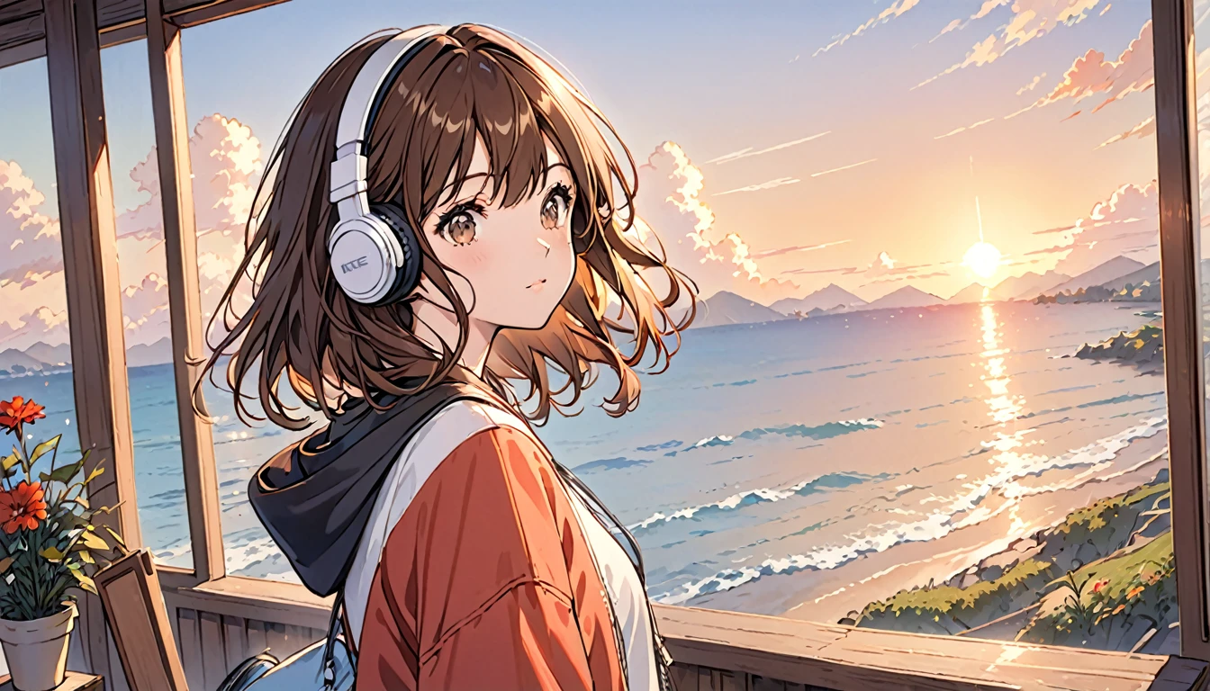 Girl wearing headphones,Brown Hair,One girl,The background is a sunset
