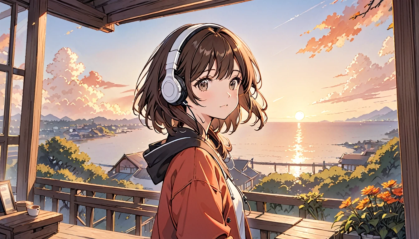 Girl wearing headphones,Brown Hair,One girl,The background is a sunset