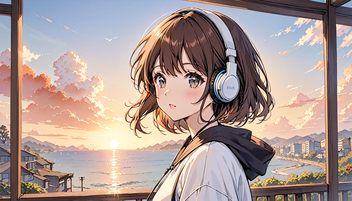 Girl wearing headphones,Brown Hair,One girl,The background is a sunset