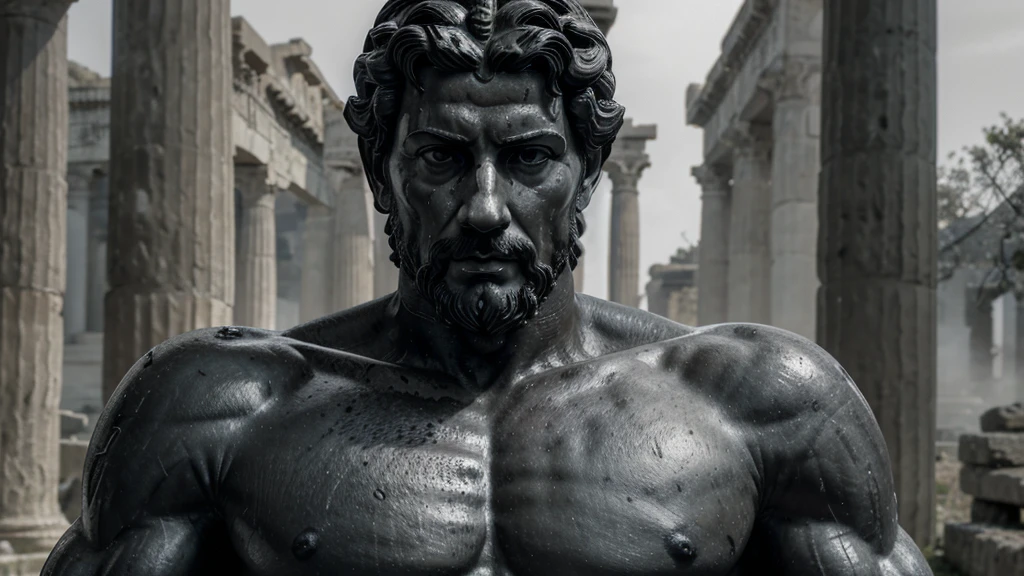 a portrait statue of the stoic Marcus Aurelius in black and white 4K, Super realistic ANCIENT GREEK RUINS, fully body, corpo stark, brawny, stark, wearing no shirt, tronco stark, stark, wearing no shirt, strong arms, 8K, ultra realisitic, cinematographic