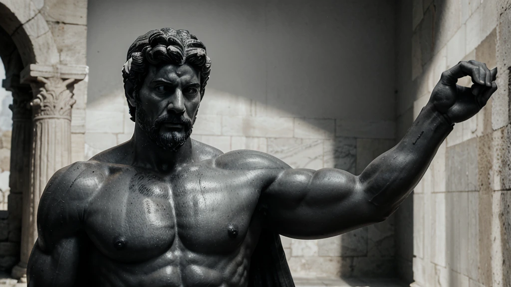a portrait statue of the stoic Marcus Aurelius in black and white 4K, Super realistic ANCIENT GREEK RUINS, fully body, corpo stark, brawny, stark, wearing no shirt, tronco stark, stark, wearing no shirt, strong arms, 8K, ultra realisitic, cinematographic