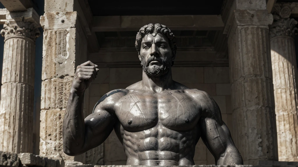a portrait statue of the stoic Marcus Aurelius in black and white 4K, Super realistic ANCIENT GREEK RUINS, fully body, corpo stark, brawny, stark, wearing no shirt, tronco stark, stark, wearing no shirt, strong arms, 8K, ultra realisitic, cinematographic