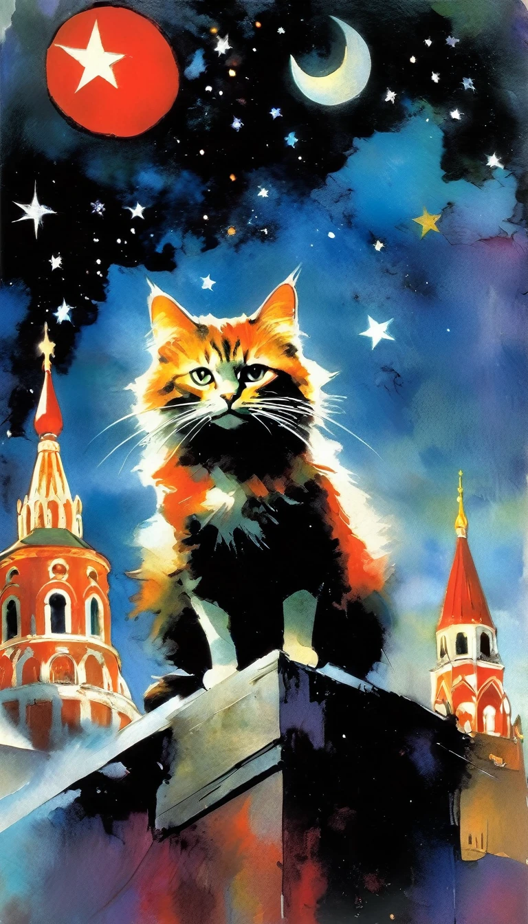 1communist cat, red star, magic, fantastic, night sky, moon, stars, background, Moscow (art inspired in Bill Sienkiewicz). oil painting)