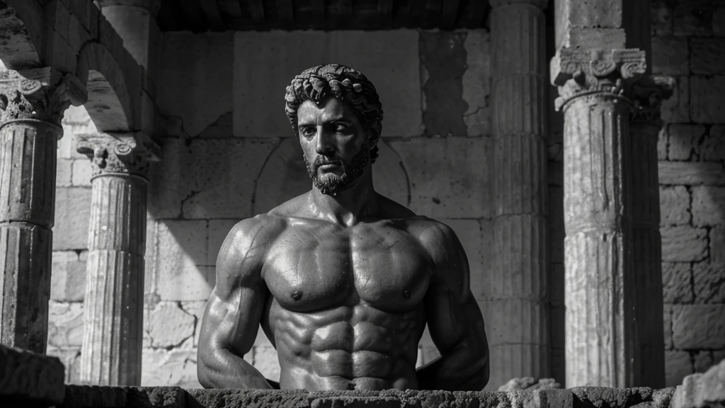 a portrait statue of the stoic Marcus Aurelius in black and white 4K, Super realistic ANCIENT GREEK RUINS, fully body, corpo stark, brawny, stark, wearing no shirt, tronco stark, stark, wearing no shirt, strong arms, 8K, ultra realisitic, cinematographic