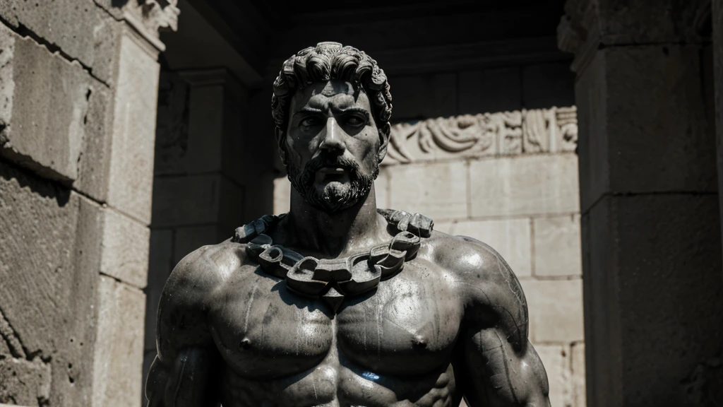 a portrait statue of the stoic Marcus Aurelius in black and white 4K, Super realistic ANCIENT GREEK RUINS, fully body, corpo stark, brawny, stark, wearing no shirt, tronco stark, stark, wearing no shirt, strong arms, 8K, ultra realisitic, cinematographic
