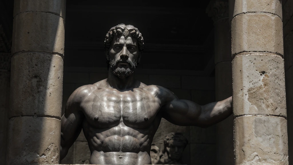 a portrait statue of the stoic Marcus Aurelius in black and white 4K, Super realistic ANCIENT GREEK RUINS, fully body, corpo stark, brawny, stark, wearing no shirt, tronco stark, stark, wearing no shirt, strong arms, 8K, ultra realisitic, cinematographic