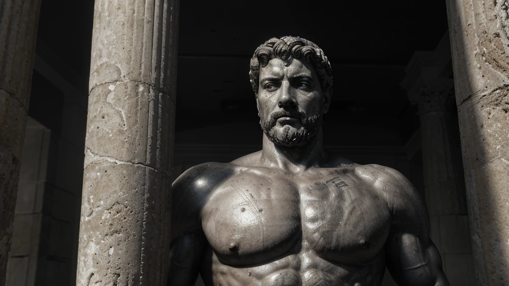 a portrait statue of the stoic Marcus Aurelius in black and white 4K, Super realistic ANCIENT GREEK RUINS, fully body, corpo stark, brawny, stark, wearing no shirt, tronco stark, stark, wearing no shirt, strong arms, 8K, ultra realisitic, cinematographic