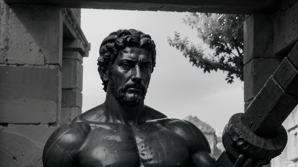 a portrait statue of the stoic Marcus Aurelius in black and white 4K, Super realistic ANCIENT GREEK RUINS, fully body, corpo stark, brawny, stark, wearing no shirt, tronco stark, stark, wearing no shirt, strong arms, 8K, ultra realisitic, cinematographic