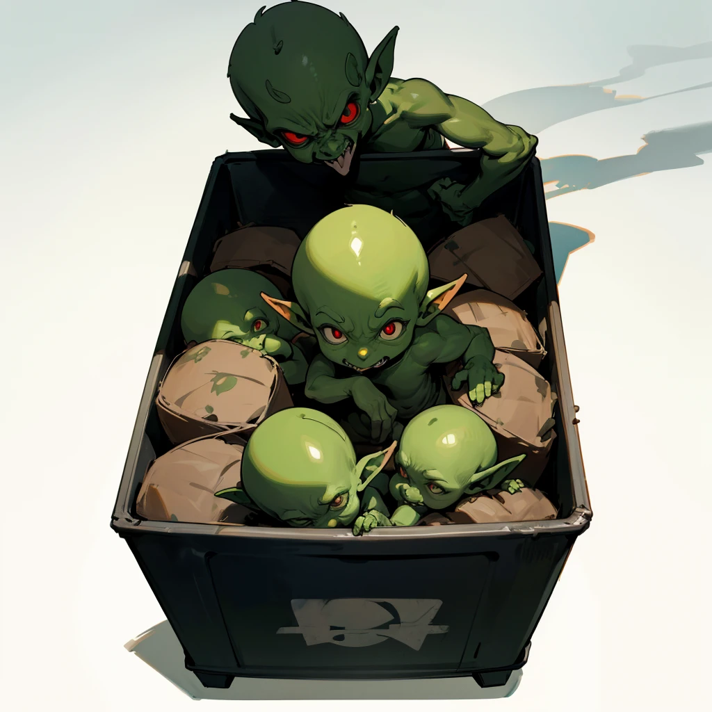 1Goblin baby boy is piled up in a trash container, green skins, red eyes, with trashy, Grassroots background, rubbish, foul smelling smoke, (shadow background)