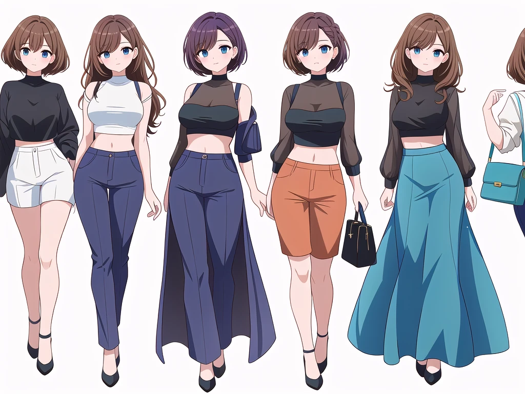 (((Best Quality))) , ((full body)), 4 lady, adult woman, multiple views, (((white background,))) variety of hairstyles, variety of fashion styles, seductive pose, fashionable and trendy atmosphere, holding bag, walk pose, dark blue/dark orange/dark green/dark violet/brown/white, short pants, crop top,