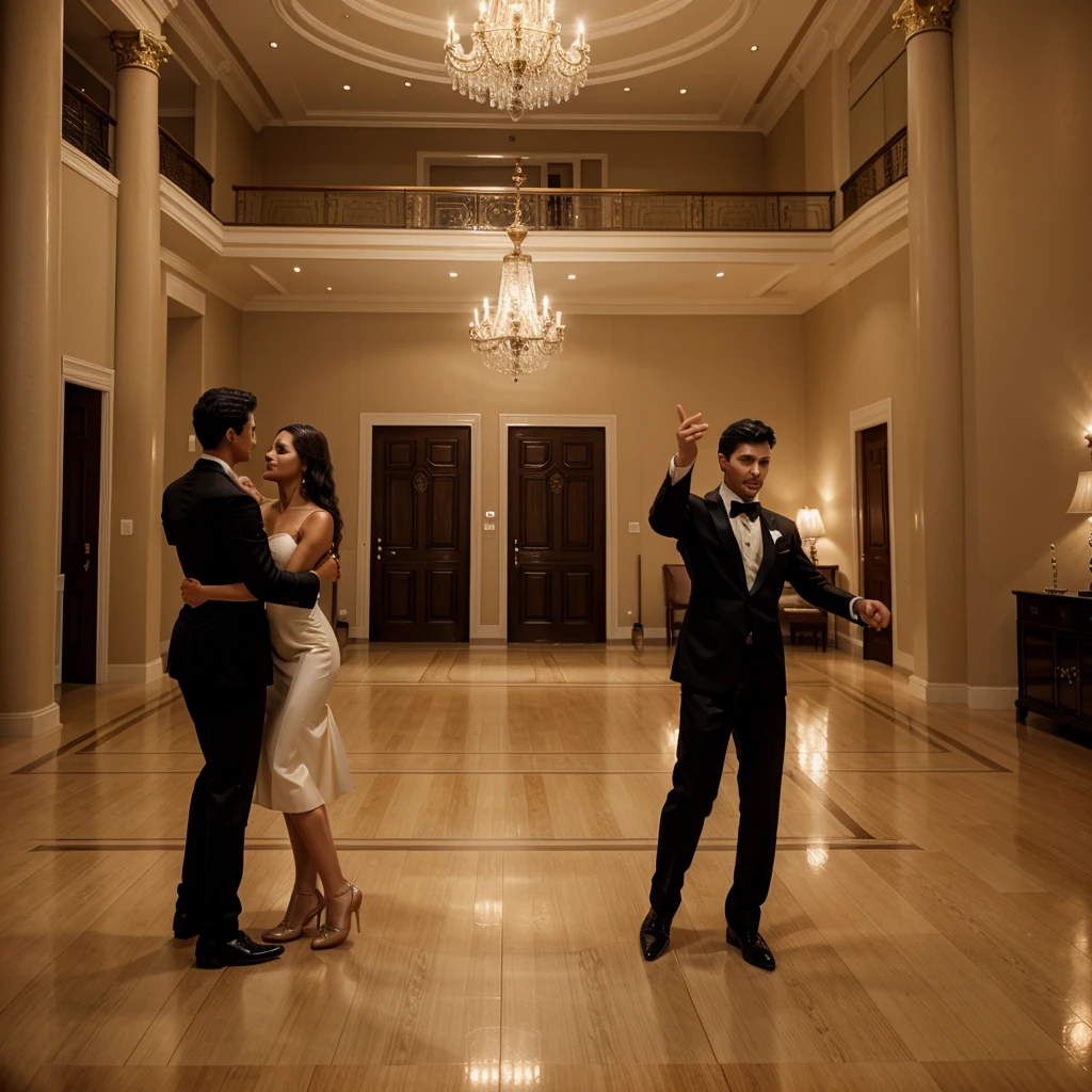A man and a woman dancing in a hall dressed in a formal and elegant manner, spectators, luxurious living room, elegant dance. Formal dressed man with tuxedo, the woman wearing a revealing elegant dress.