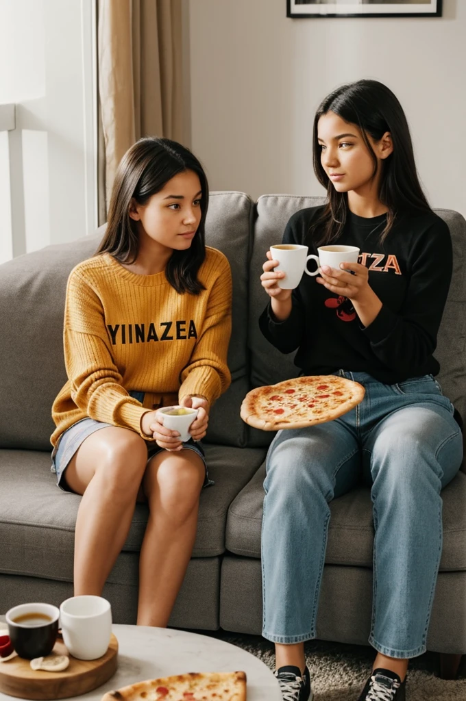 I want an image of two girls that are sitting in front of each other on couches and they're talking. There is a slice of pizza in thr hand of one of them and a cup of half tea in the hand of the other one. Which has a slice of pizza should be stretched on the couch.
They're discussing.

