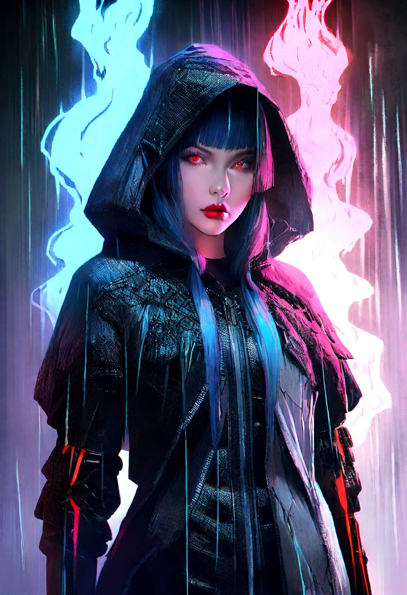 masterpiece, cyborg, The body is glamorous、, Wearing a hood, Shrouded in shadow,Wear an aura , Positano colours, Completely in frame, whole body, Emits electrical energy, whole body, Beautiful girl in beautiful anime waifu style, Ultra-detailed CG paintings, Luminism, Art by Kahn Griffith and Vadim Kashin Concept Art, 8Kresolution, 16kresolution、Fractal isometric details、 Bioluminescence , complicatedly detailed , Cinematic, trending on art station Isometric Centered hyper Realistic cover photo awesome full color, Grainy, Realistic, complicated, Hit definition , Cinematic, Bold, Vibrant, amazing, Super high quality model、Being pelted by rain in the dark、Controlling Lightning、Red eyes、The overall color scheme is based on white and blue.、Realistic