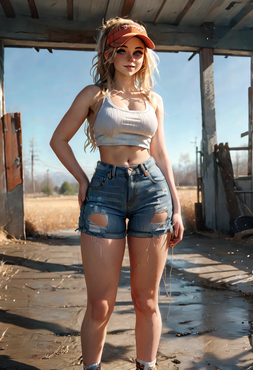 A freckled curvy strong farm tween. She is wearing a jean jack, crop top, and ripped Jean shorts, she is beautiful with low messy blonde twin tails and backwards ball cap and blue scuffed canvas sneakers. She lives on an abundant farm, ripe with harvest. Cute, perfect face, beige eyeshadow, light peach blush, coral lipgloss, athletic form, She is walking towards the camera on a lovely sunny day, pretty, pretty lighting, 8k, octane render, detailed, detailed background, 35mm, realistic, photorealistic, perfect face, cherry blossoms barrettes in hair, freckles, risqué poses, ((American face)), American, ((Billie Eillish))