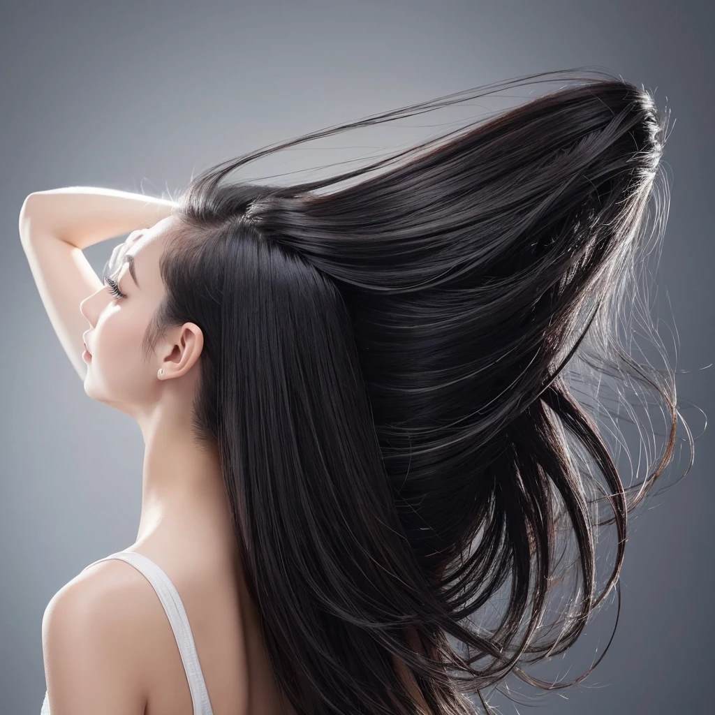 High quality, real photo, Japanese, black hair, shiny, beauty salon commercial, constant light intensity, only hair swaying, hair swaying in the wind, back view, silver background, hair length the same, only hair