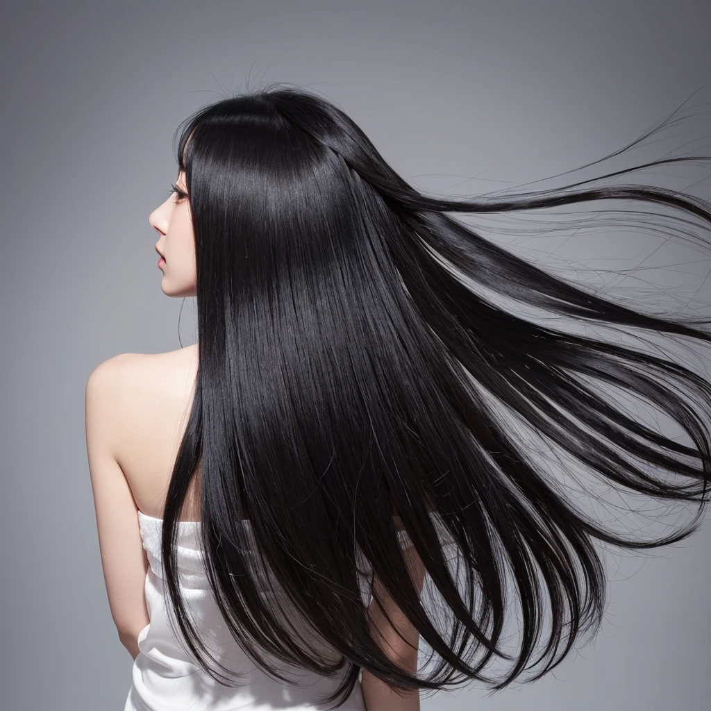 High quality, real photo, Japanese, black hair, shiny, beauty salon commercial, constant light intensity, only hair swaying, hair swaying in the wind, back view, silver background, hair length the same, only hair