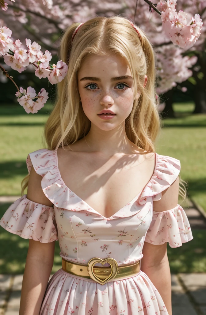 A beautiful sensual curvy blonde tween wearing a sweet Pink Contrast Mesh, Ruffle Hem, All Over cherry blossoms Print, A Line, Short puff Sleeves, Sweetheart neckline, thin gold belt with tiny heart buckle, High Waist,Flounce hem Long gown, very long curling hair, cute, sweet, town picnic, warm atmosphere, pretty, pretty lighting, 8k, octane render, detailed, detailed background, 35mm, realistic, photorealistic, perfect face, cherry blossoms barrettes in hair, freckles, risqué poses, ((American face)), American, ((Billie Eillish))