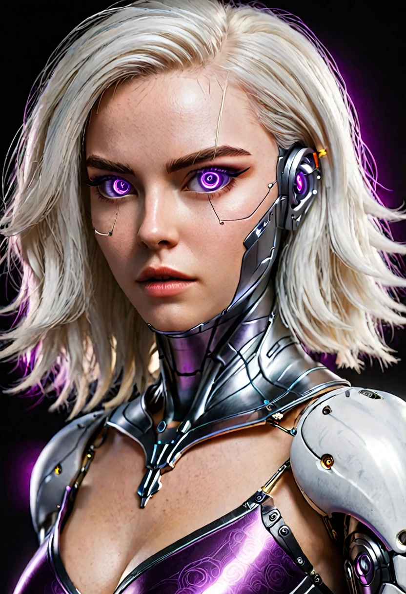 Hyperrealistic art zavy-cbrpnk, portrait de mulher branca cyborg mixed, real mesmerizing purple illuminated eyes, long white hair, looking at front. panel . Extremely high resolution details, photographic, realism taken to the extreme, fine texture, stunningly lifelike