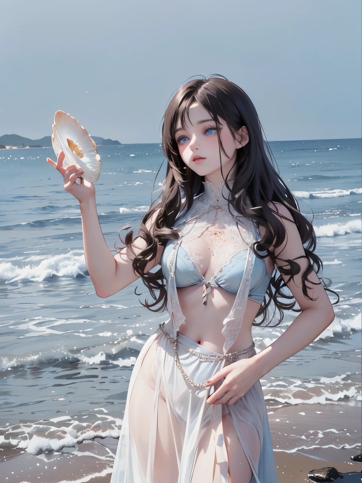 ((dark fantasy)), ((wavy hair, pale skin),((light blue eyes)), freckles, warm light,( ),busty,Glamour,Gorgeous,monochromes,erotic posing,Dynamic Posing,Arrange Pose,Dramatic,Cinematic,Detailed background, Dynamic Angle,From the angle of the film,Gothic background, Dark fantastic view,Best Quality,masutepiece,8K,The ultimate detailed dark background, Top image quality、RAW photography、超A high resolution,cropped shoulders, overall look is very erotic、Shot for one person only, model shoot, Large round chest, Beautiful Eyes of Details、Very slender eyes、Beautiful eyelashes、Very slim physique, with blush cheeks,Pearl Beaded Bralet Top, shell in hand