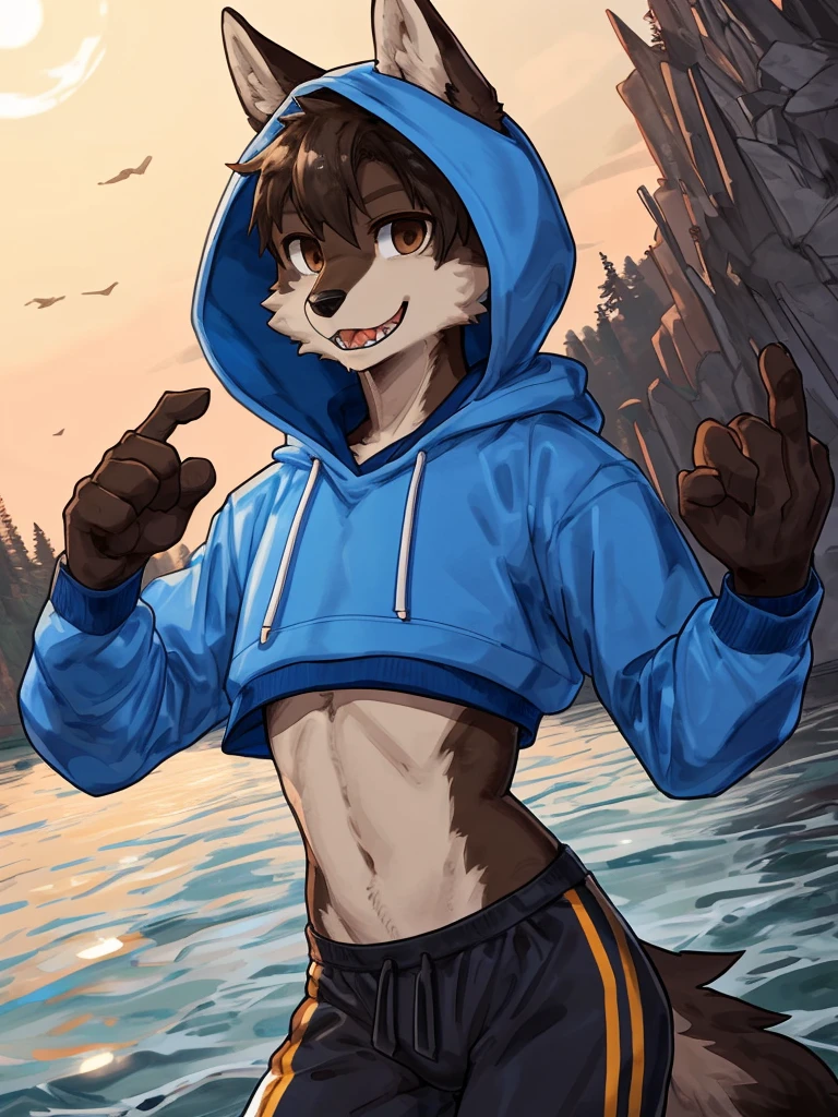 ((Best quality, masterpiece, detailed anatomy, detailed eyes, detailed hands, perfect lighting, perfect shading.)), by Buta99, by SpiritD, 1male, Wolf, brown furs, tight body, dark brown eyes, skinny body, young body, blue hoodie crop top, black jogger, black boots, smile, show sharp teeth, on the lake